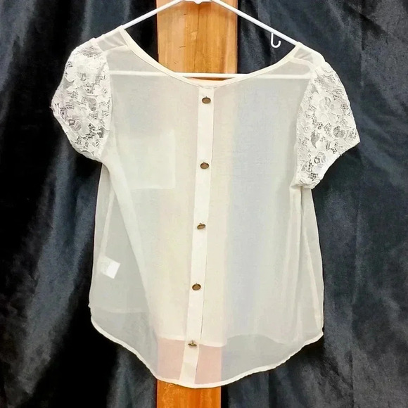 Cream colored lush cardigan with lacework sleeves and button up back like new - Picture 1 of 8